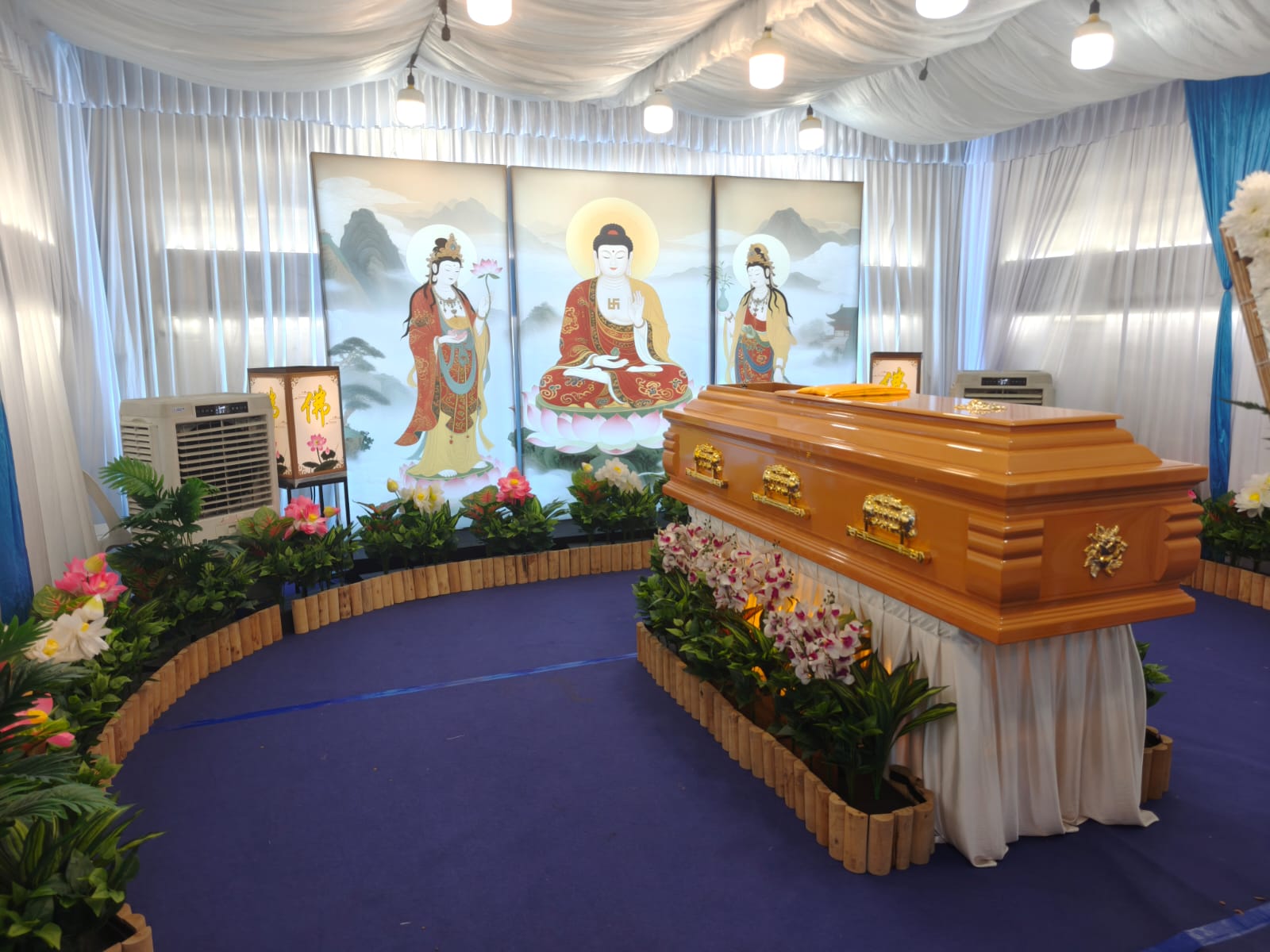Professional Buddhist funeral setup with traditional altar