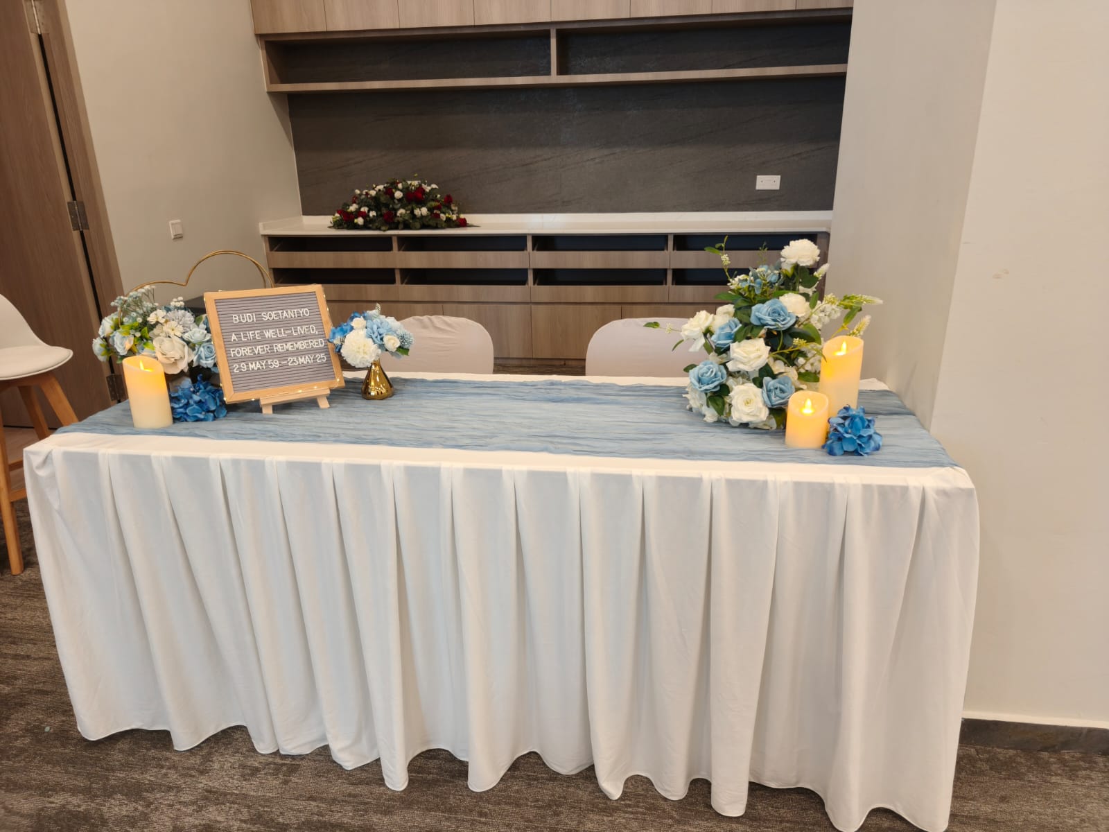 Memorial table setup in funeral parlour